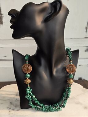 Malachite & Gold Tone Statement Beaded Necklace Vintage 28"